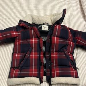 SAM. Outerwear Mackenzie Colby Plaid Shearling Trim Down Puffer Jacket Coat